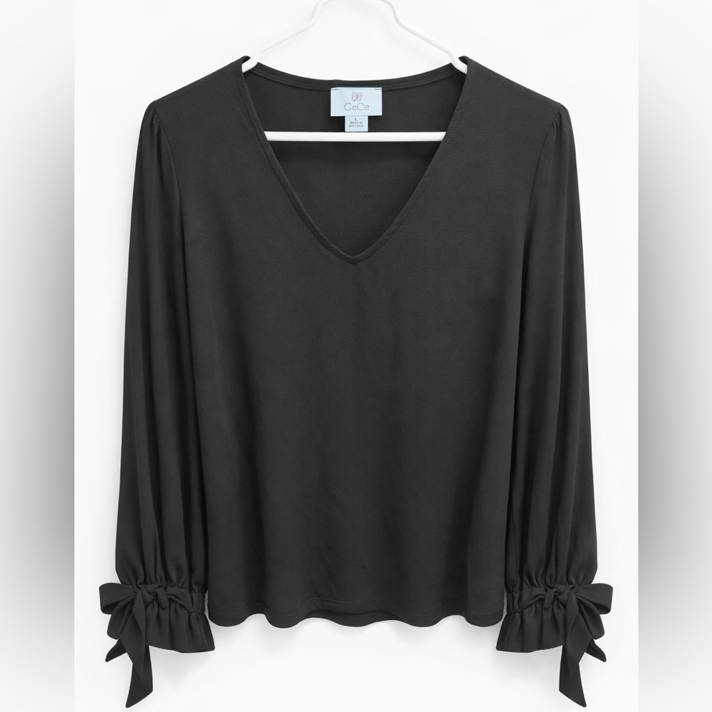 CeCe Black V-Neck Blouse with Bow Sleeves